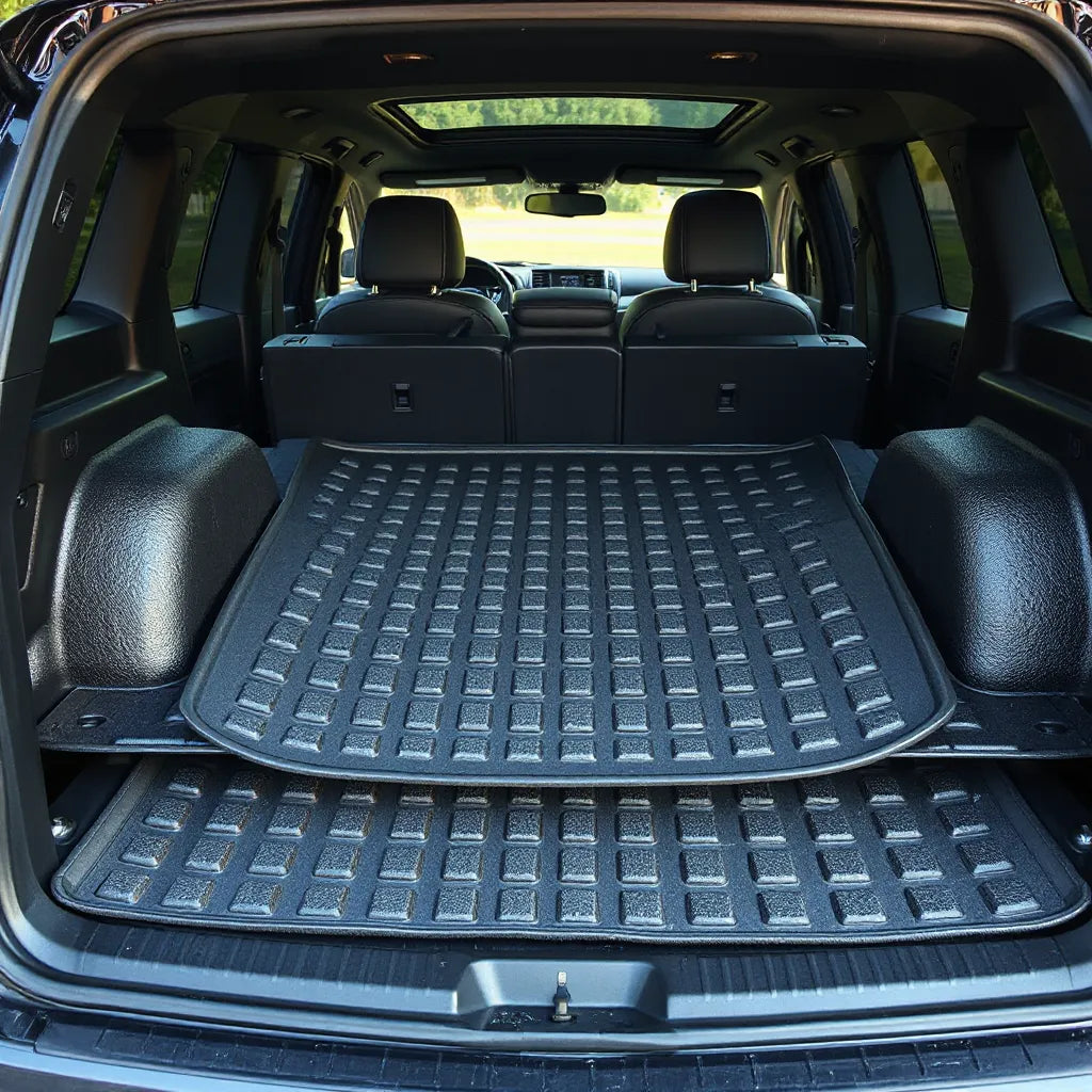 Thick poly cargo mats with raised edges fitted in a clean vehicle cargo area