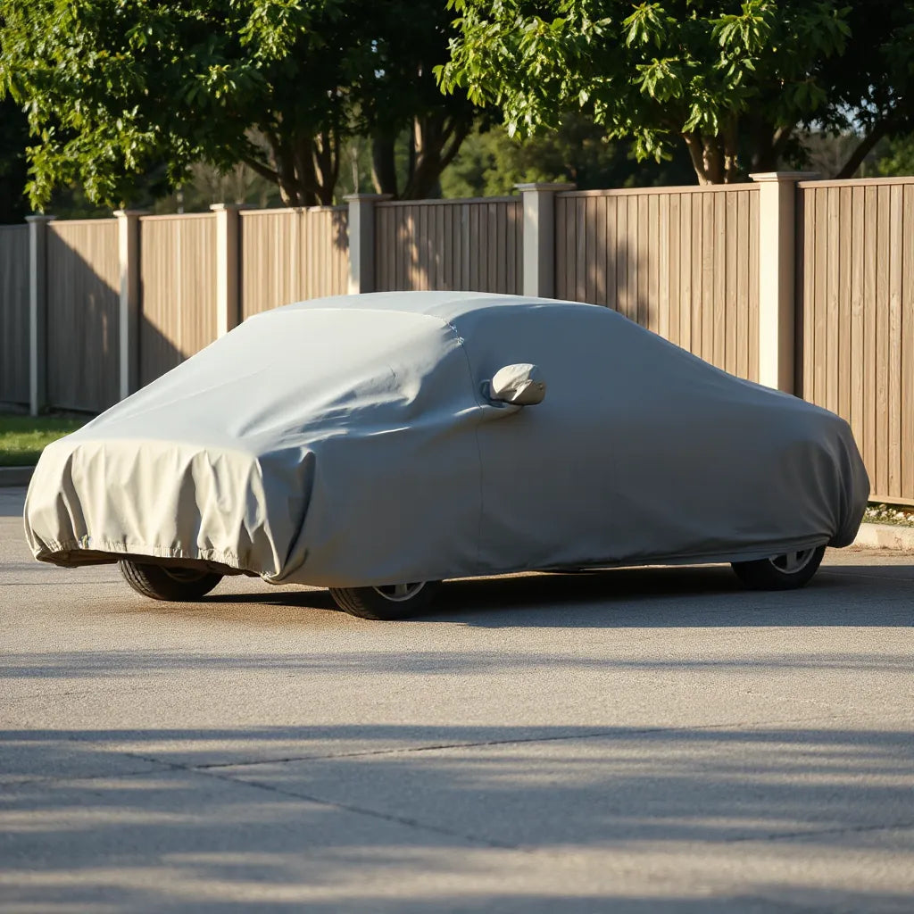 Car parked outdoors with a fitted cover protecting the vehicle from weather