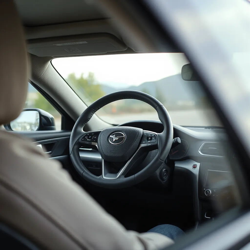 Steering wheel with a fitted cover, showing textured grip and stitching in a clean car interior