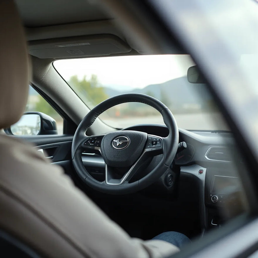Steering wheel with a fitted cover, showing textured grip and stitching in a clean car interior