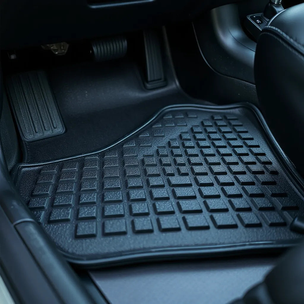Textured anti-slip floor mat on a vehicle floor with clear traction grip and clean surrounding interior