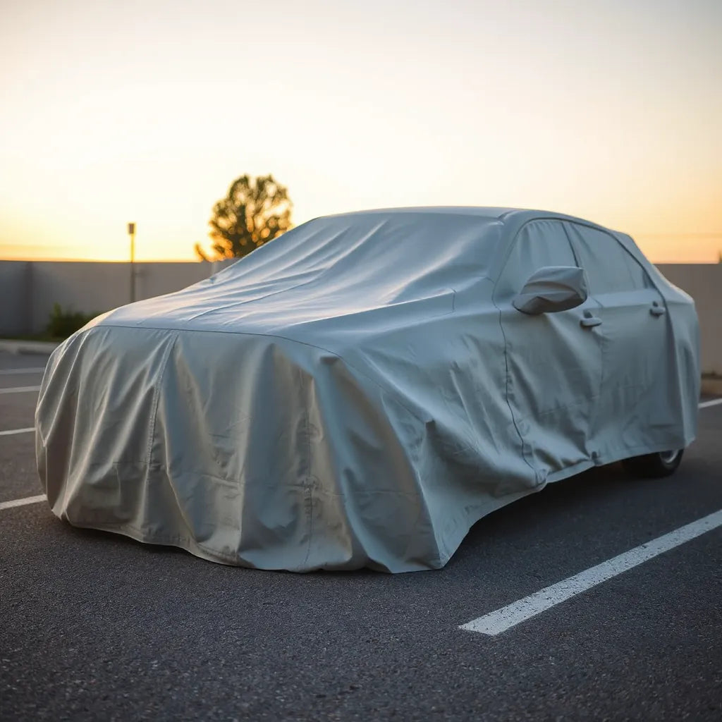 A car fitted with a protective cover outdoors with secure edges and wheel openings
