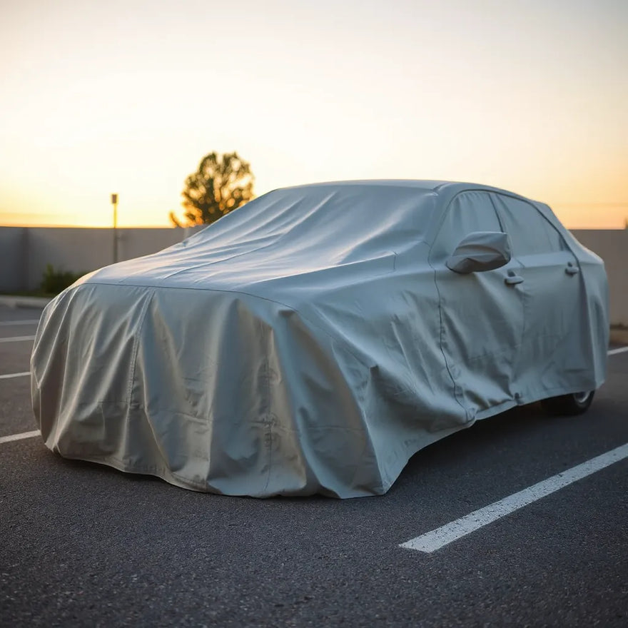 A car fitted with a protective cover outdoors with secure edges and wheel openings