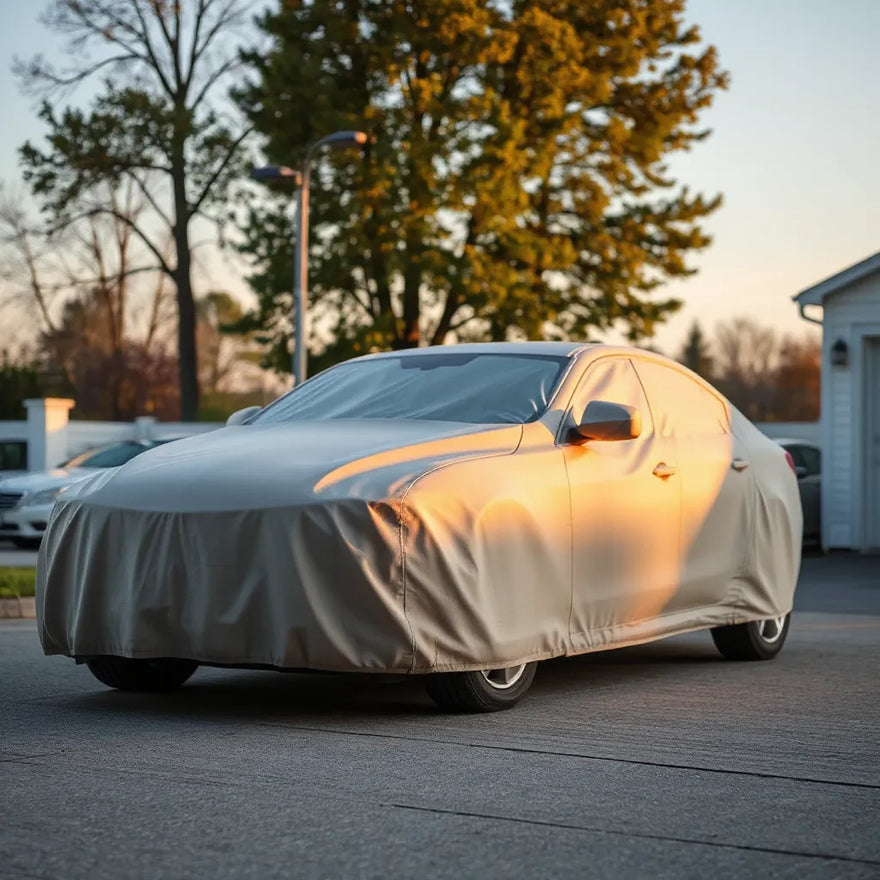 Lightweight breathable cover draped over a parked car on a driveway with soft outdoor lighting