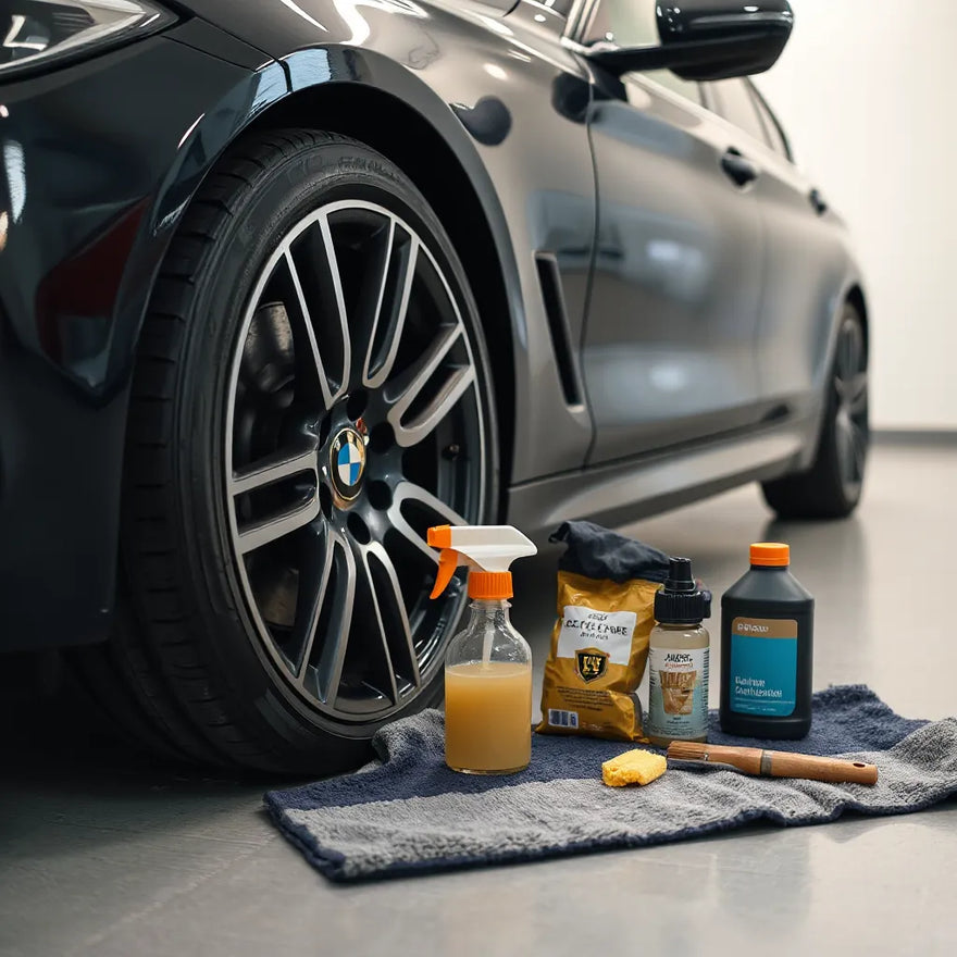 Car care tools and microfiber towels next to a spotless BMW with glossy paint and clean wheel
