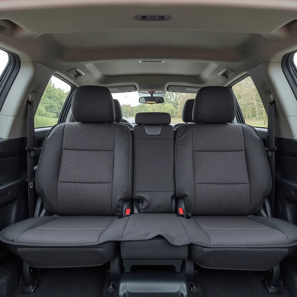 SUV interior with durable seat covers installed on front seats and rear bench, showing secure fit and textured fabric