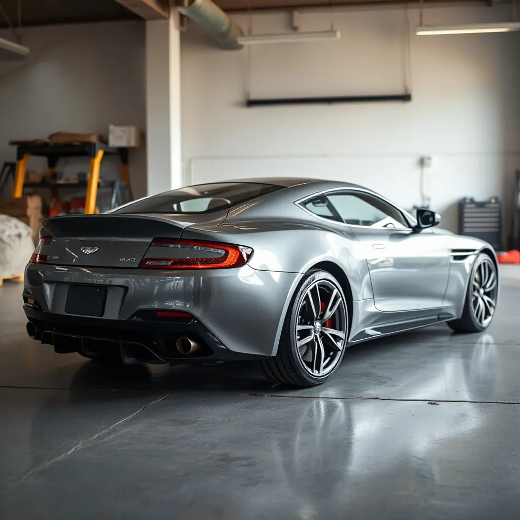 Aston Martin sports car in a workshop with visible performance brake and wheel upgrades