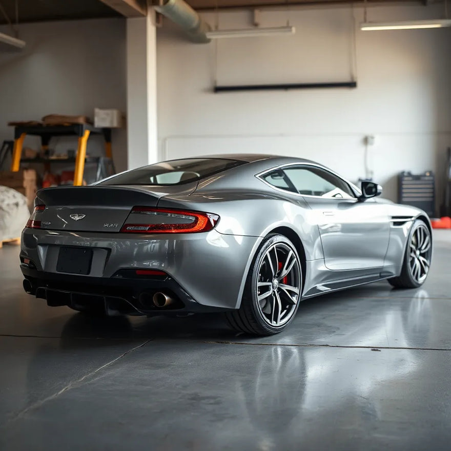 Aston Martin sports car in a workshop with visible performance brake and wheel upgrades