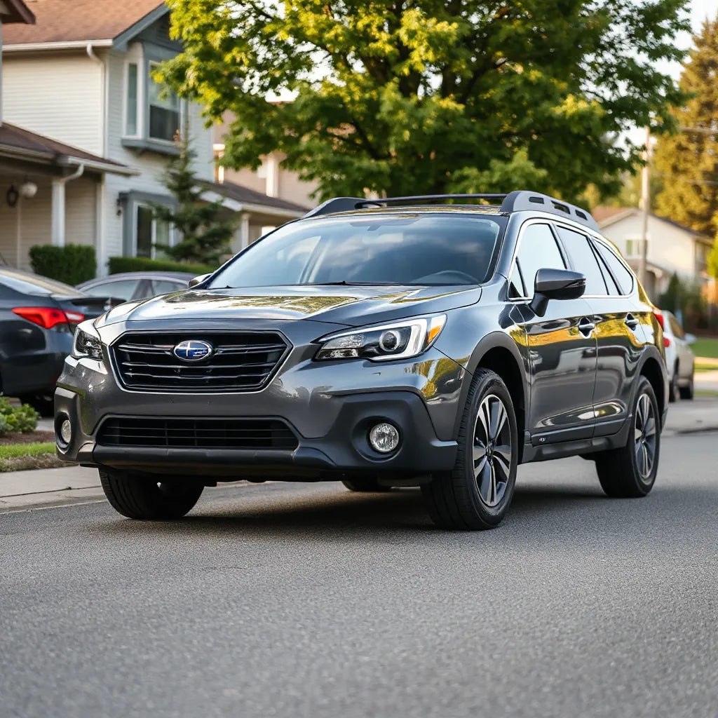 Subaru Outback with visible all-terrain tires and upgraded headlights on a clean street