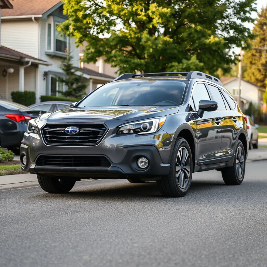 Subaru Outback with visible all-terrain tires and upgraded headlights on a clean street