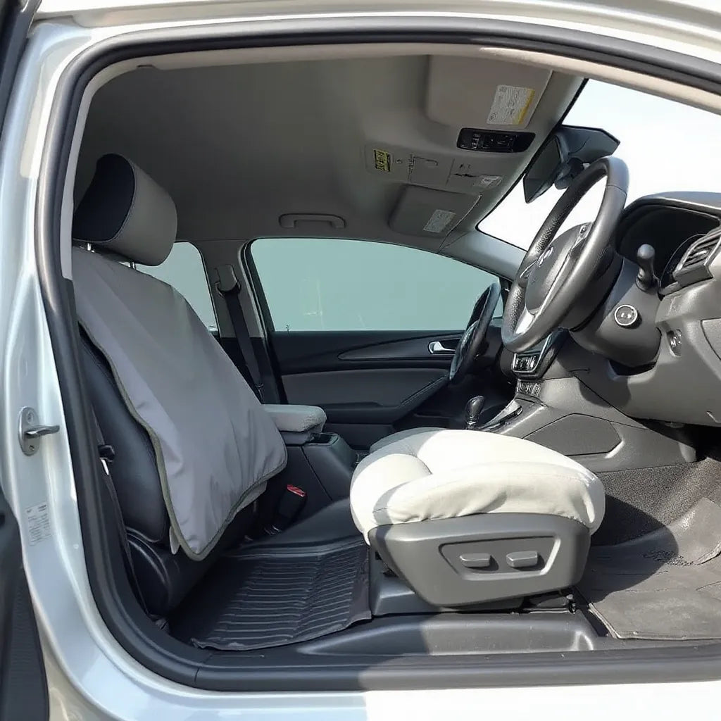 Car interior with seat cover and floor liners protecting upholstery and carpeting from dirt and wear