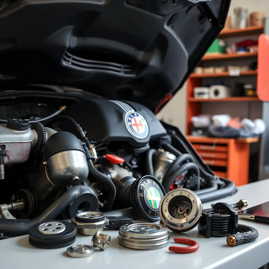 Engine bay components and neatly arranged car parts on a clean workbench