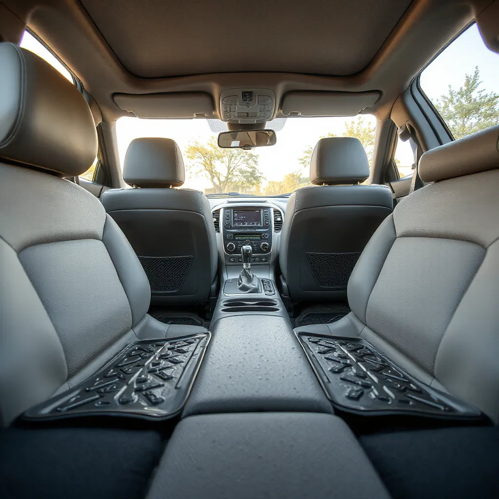 Rugged durable car mats fitted in a clean vehicle front footwell with textured surface for dirt and spills