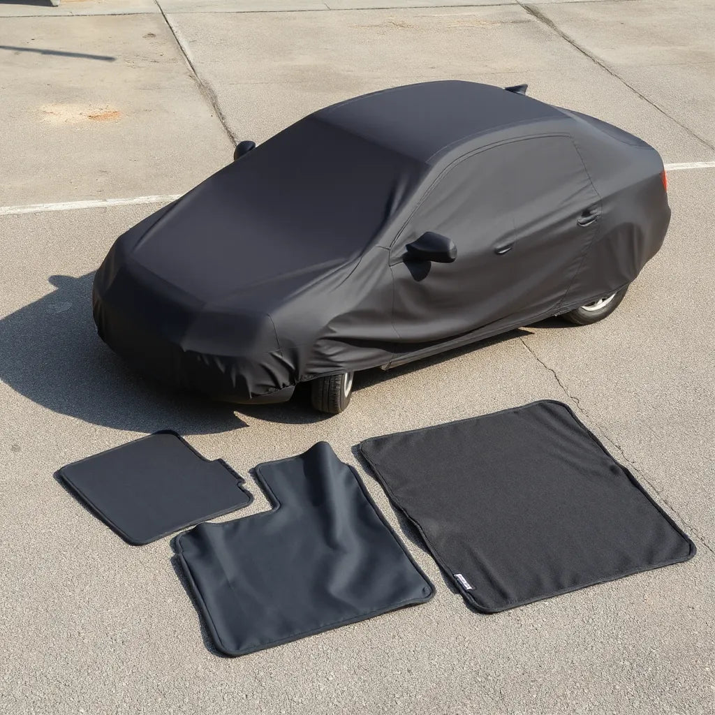 Car covered with protective gear, with seat covers, floor mats, and a windshield sunshade nearby