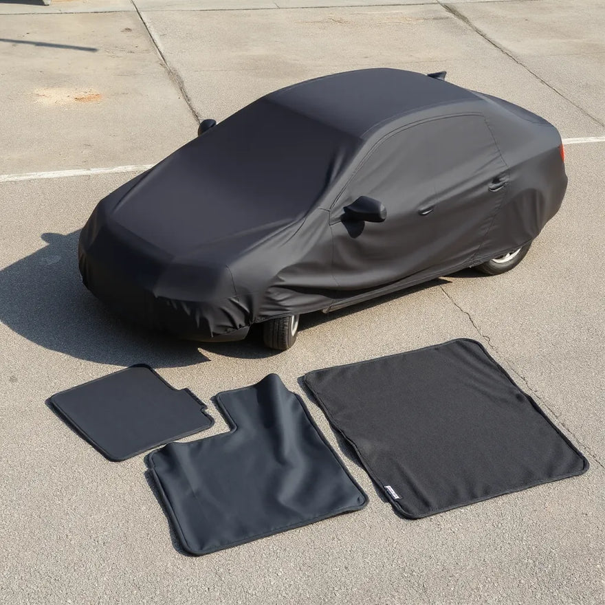 Car covered with protective gear, with seat covers, floor mats, and a windshield sunshade nearby