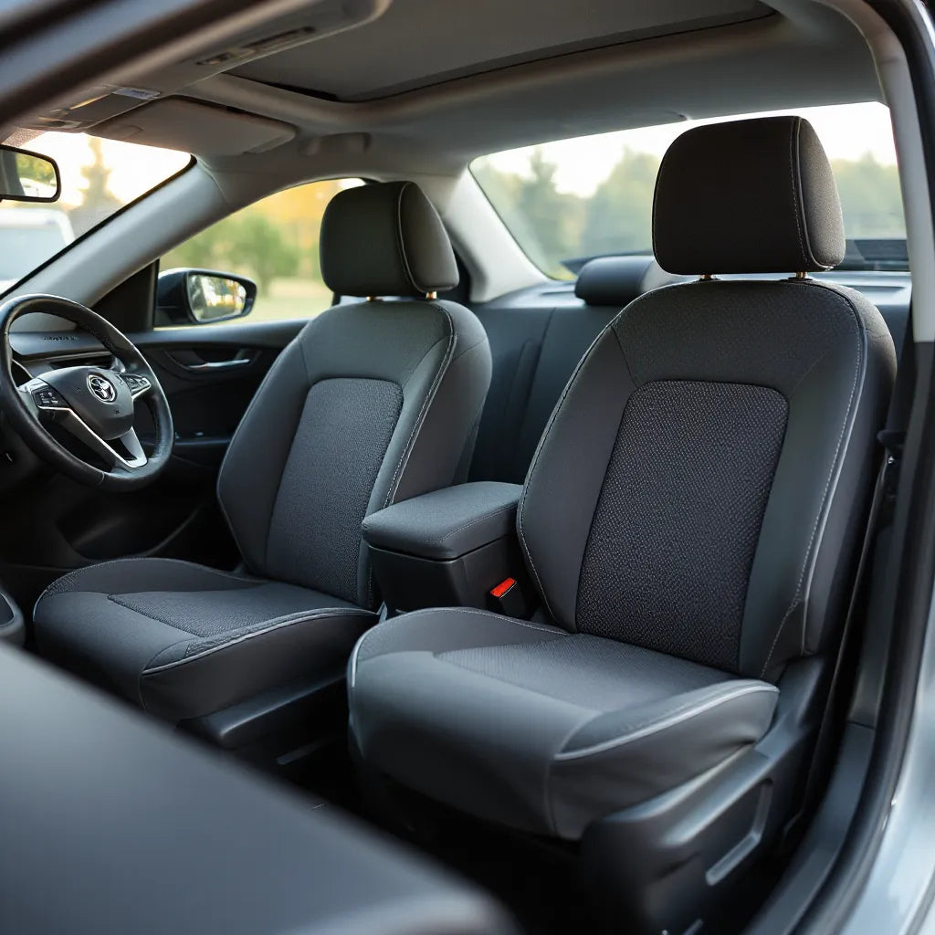 Front car seats with premium seat covers showing fabric texture and stitching