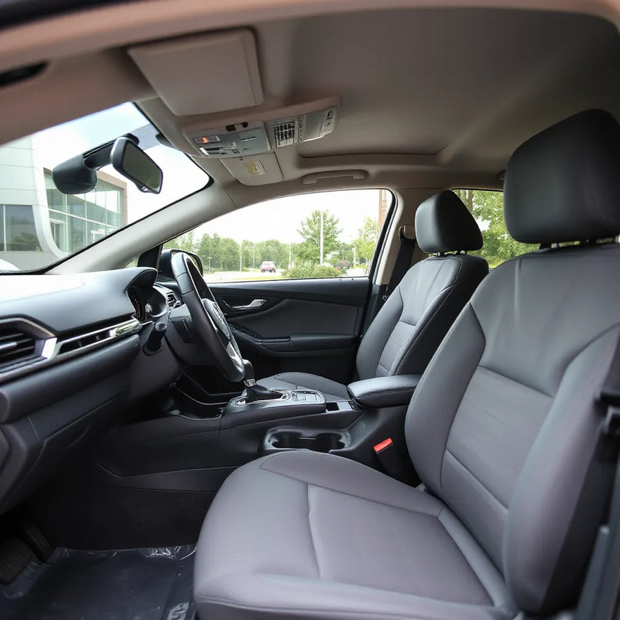 Clean car interior with protective seat covers and anti-slip floor mat in daylight