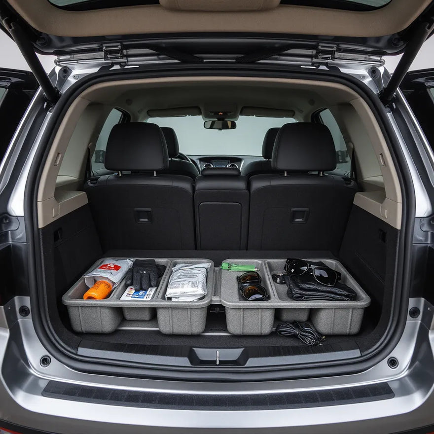 Custom-fit car organizers neatly organizing trunk and cabin compartments with everyday essentials