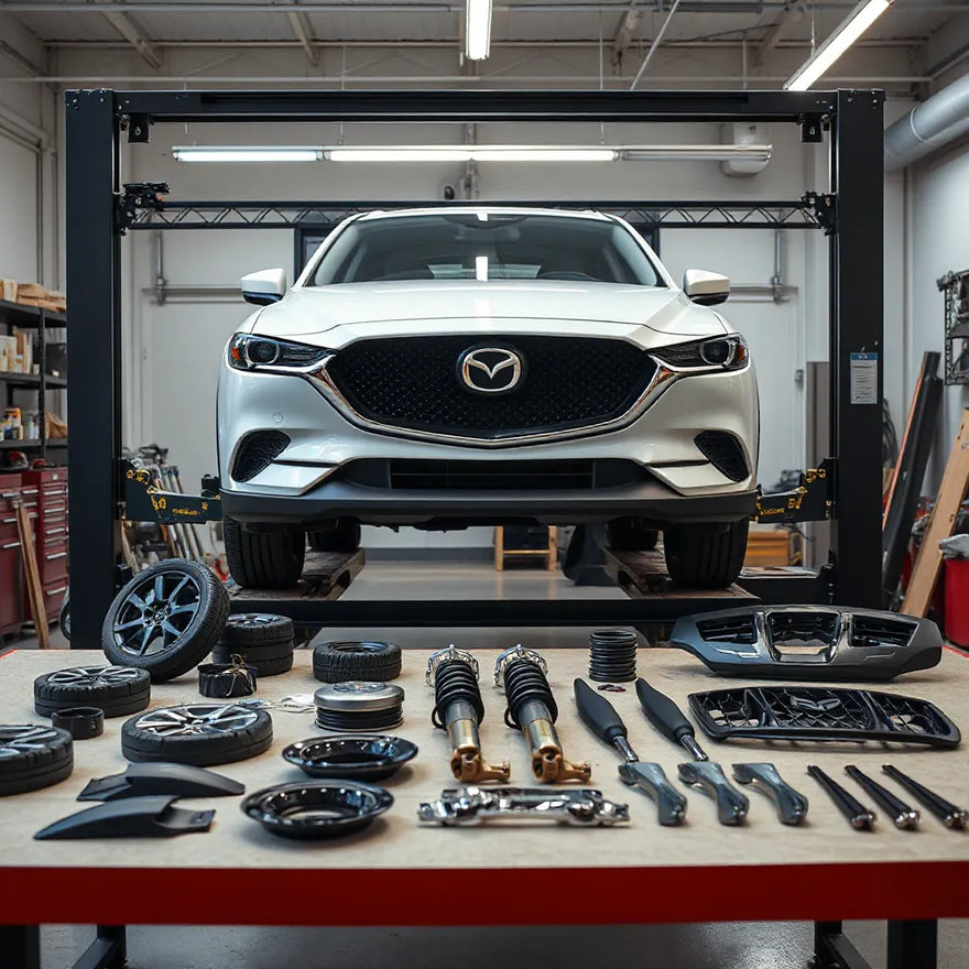 Mazda on a lift with custom wheels and suspension parts in a clean workshop