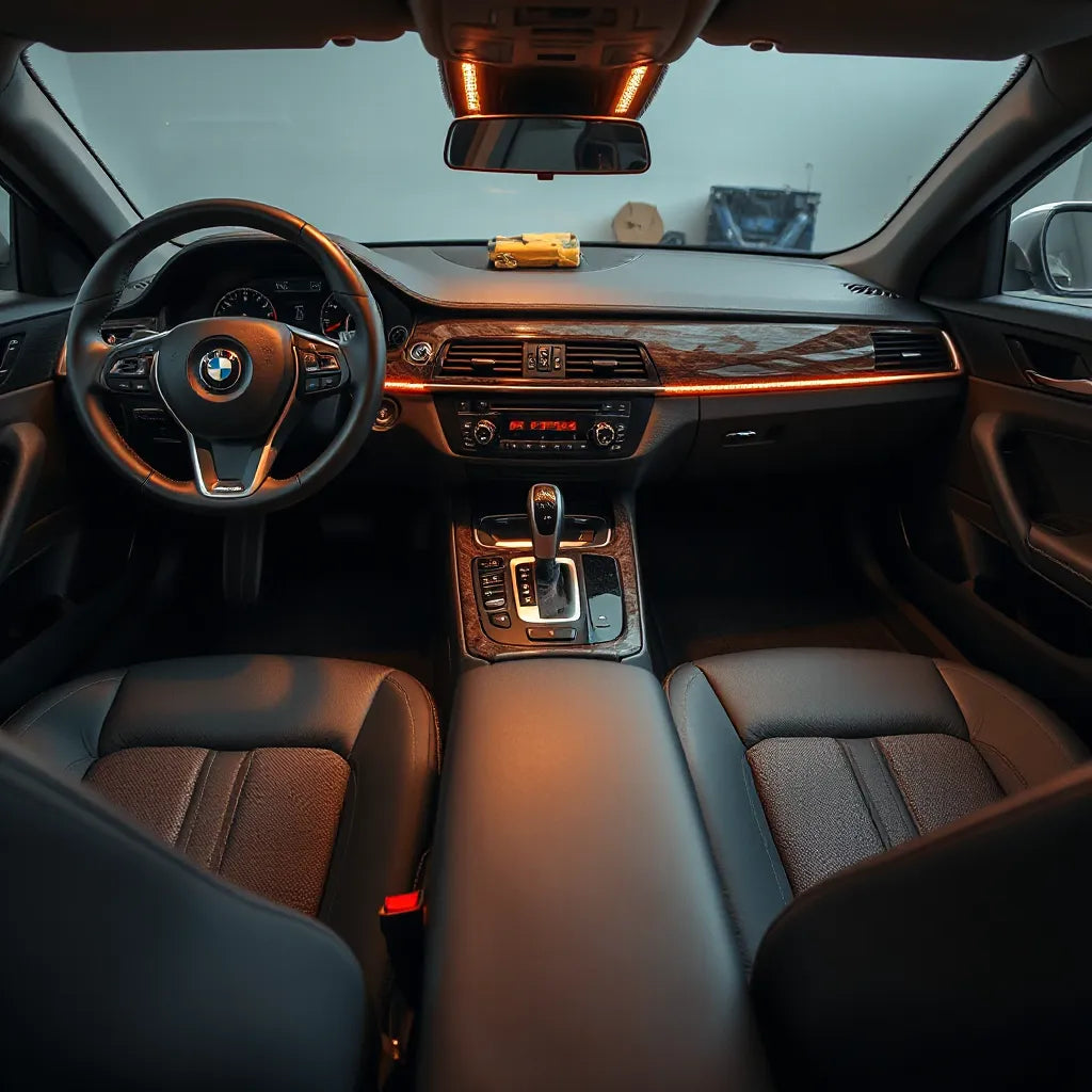 Luxury car cabin with upgraded leather seats, ambient lighting, and refined trim details