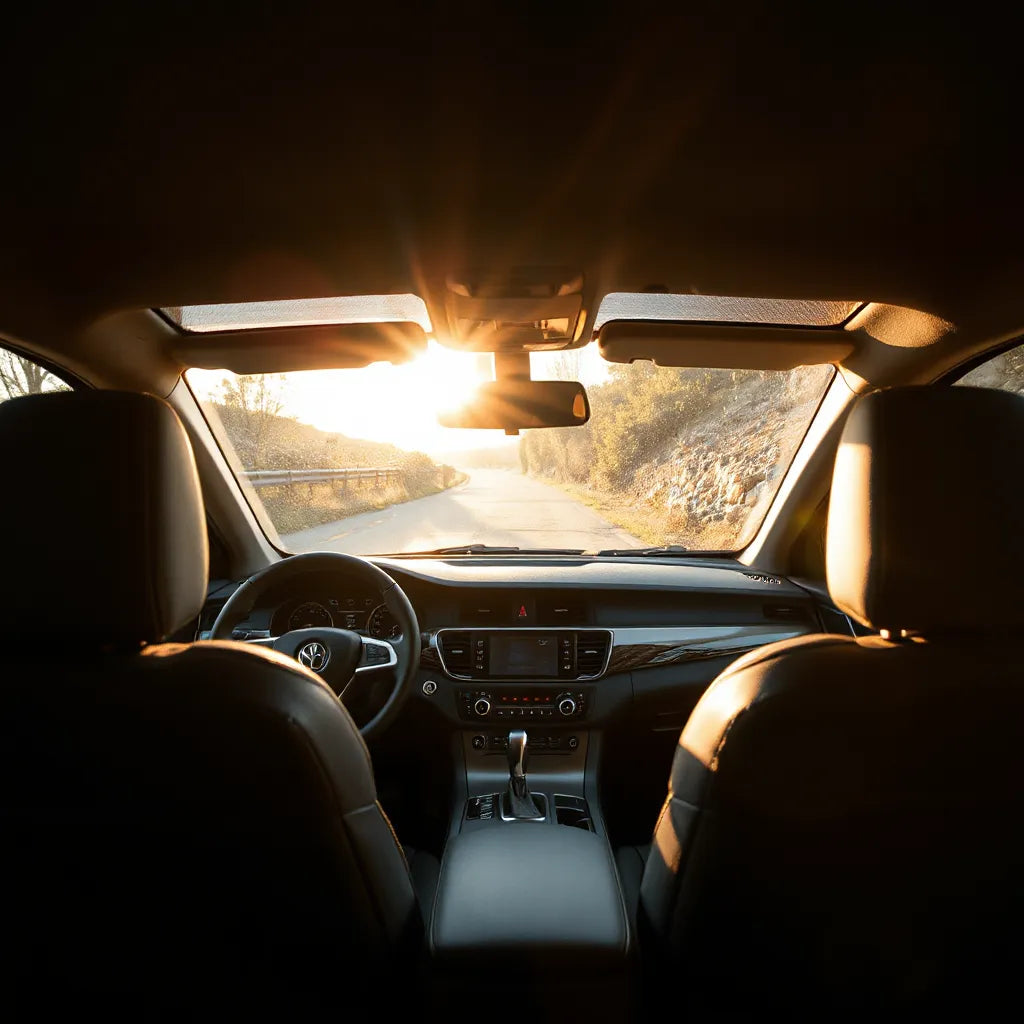 Sunlit car interior with visible dashboard and seats, suggesting UV window protection to reduce fading and heat