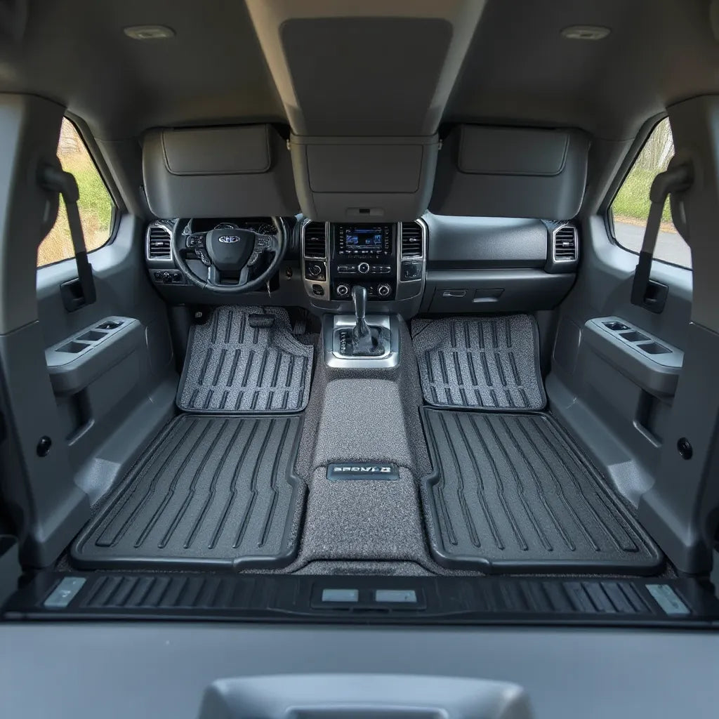 Durable all-weather floor mats installed in a pickup truck cabin footwells with raised edges
