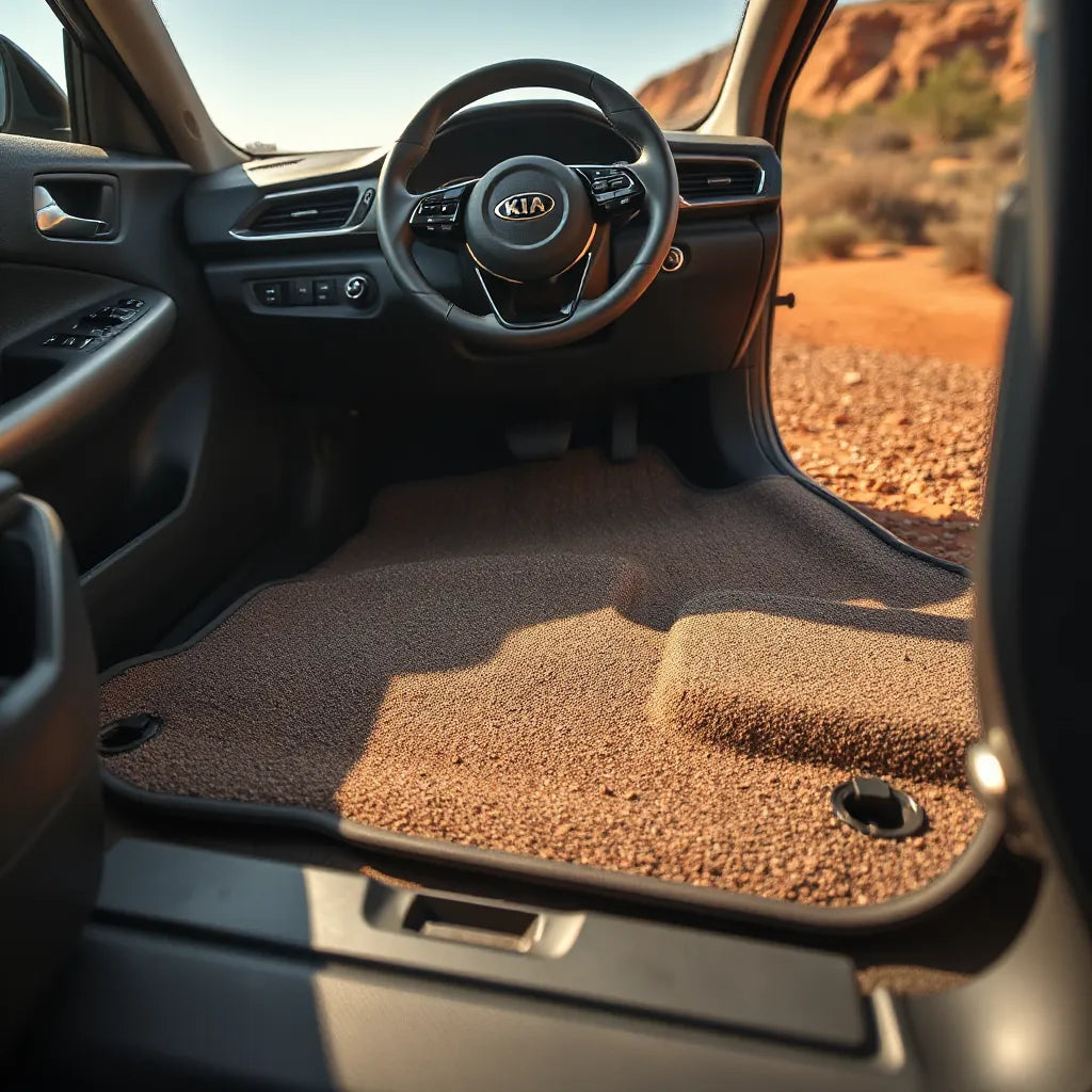 Weatherproof outback-style floor mats installed in a Kia front footwell with raised edge protection