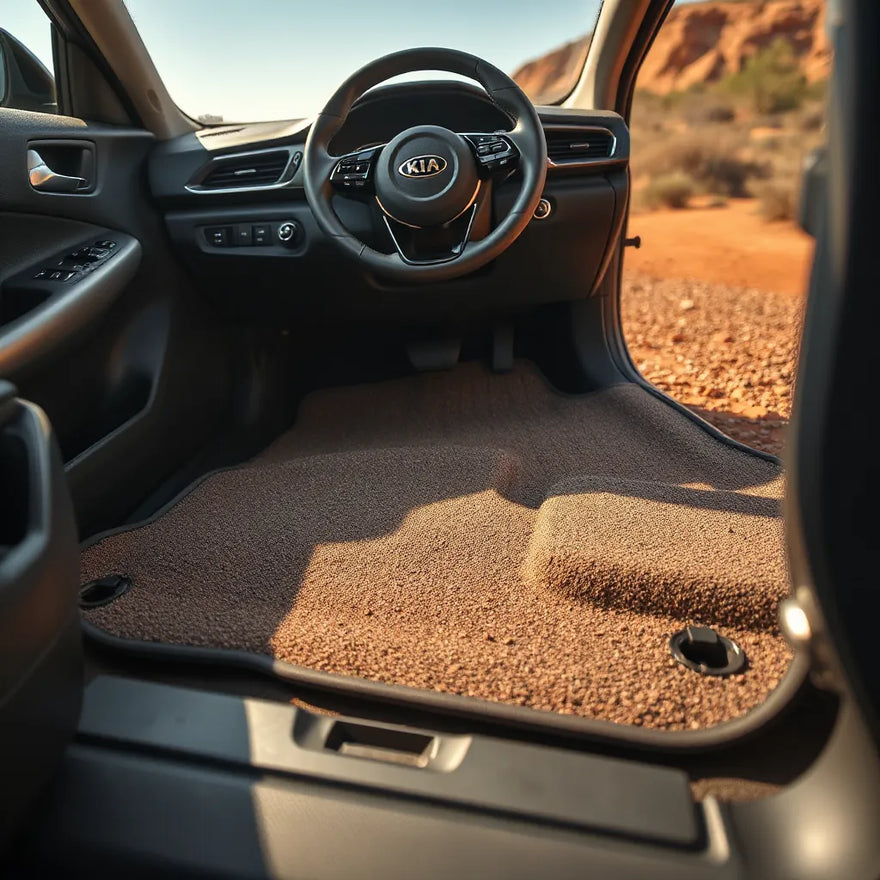 Weatherproof outback-style floor mats installed in a Kia front footwell with raised edge protection