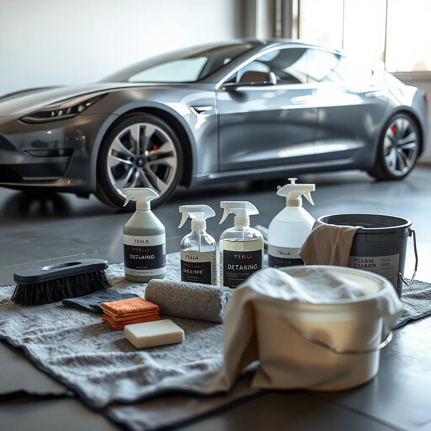 Tesla parked beside neatly arranged car cleaning tools and microfiber cloths