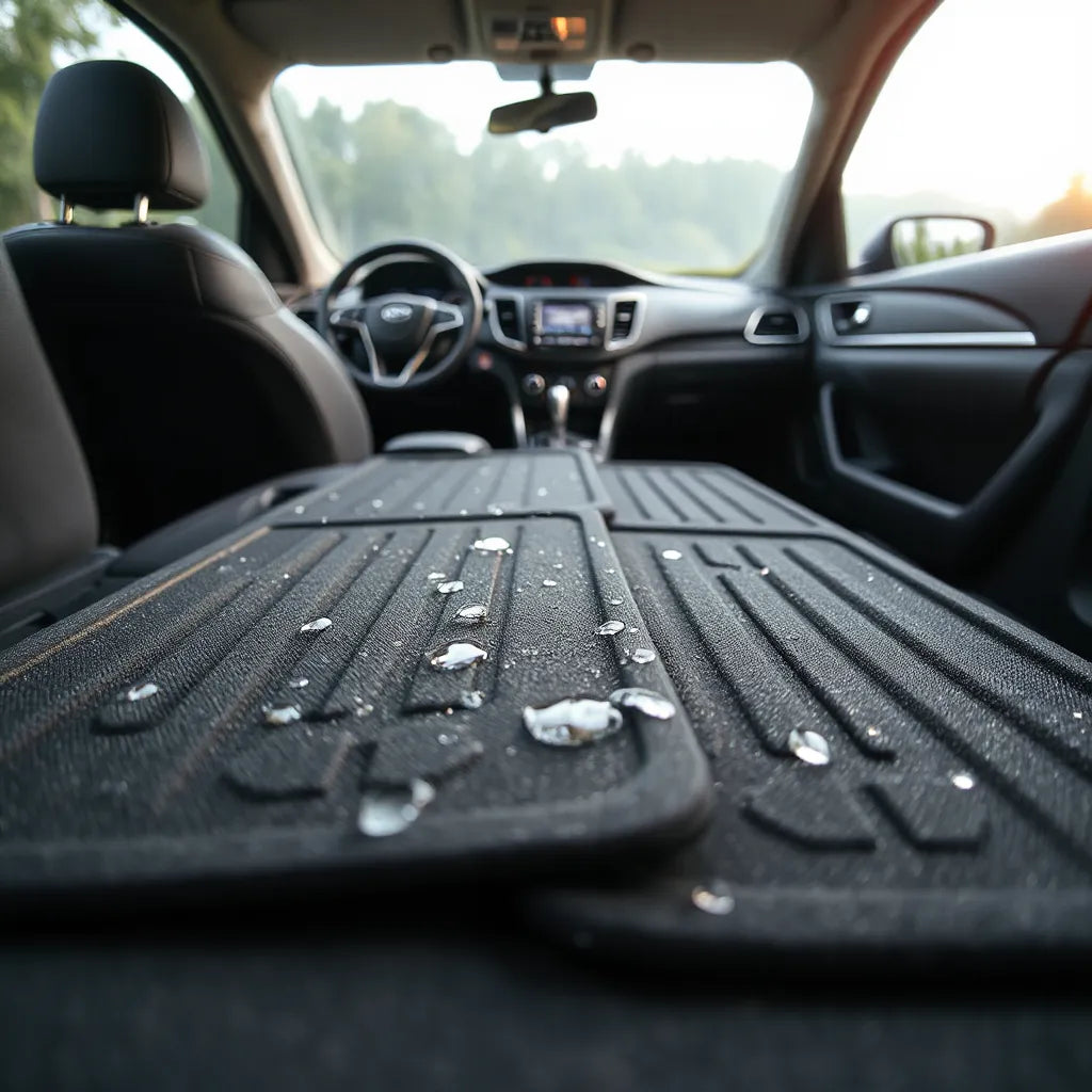 Waterproof car mats with water beading on their surface inside a modern vehicle