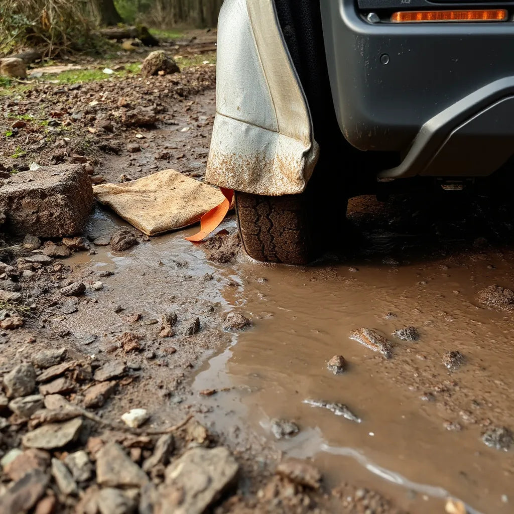 Vehicle with protective mud barriers on a muddy trail, keeping wheels and lower body areas cleaner