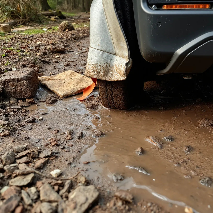 Vehicle with protective mud barriers on a muddy trail, keeping wheels and lower body areas cleaner