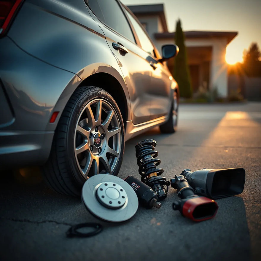 FIAT hatchback with visible upgraded wheel and performance parts laid out beside it for a driving-focused upgrade guide