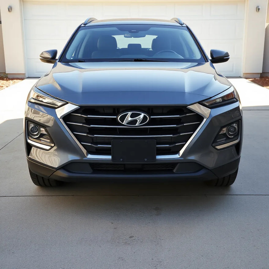 Modern Hyundai with highlighted exterior accessories like grille trim, side steps, splash guards, and roof rack.