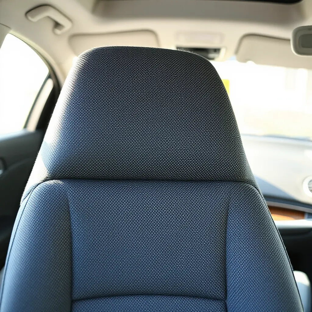 Car seat upholstery with breathable fabric texture in natural daylight