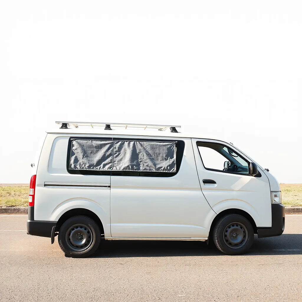 Toyota HiAce LWB with a side window sun shade installed in bright daylight