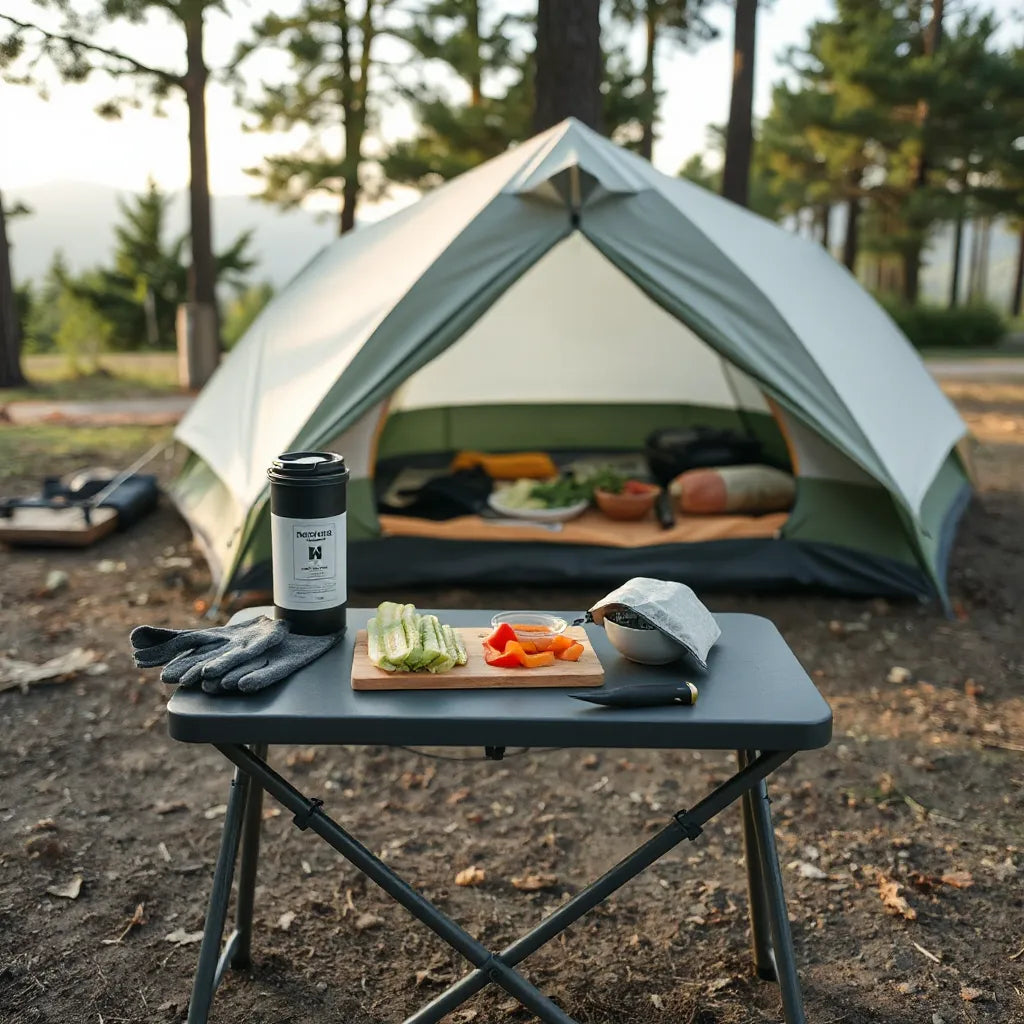 Tube-style camping food container and fresh ingredients arranged on a foldable table at a campsite