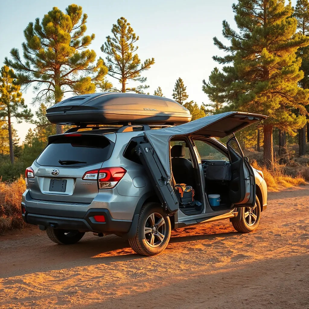 Adventure-ready car with roof storage, mats, and a deployed awning on a forest trail