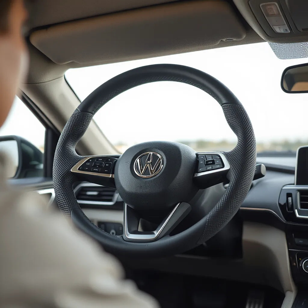 Textured steering wheel grips on a car’s steering wheel for secure, comfortable driving control