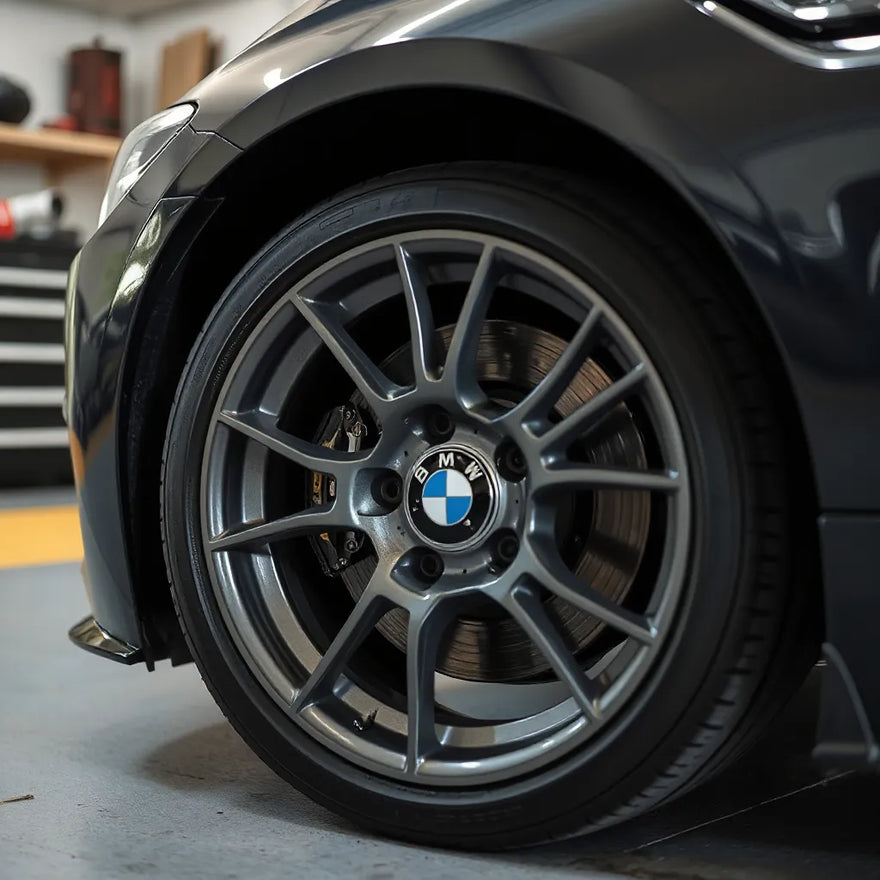 Premium BMW custom parts installed near the engine bay and front wheel in a clean garage
