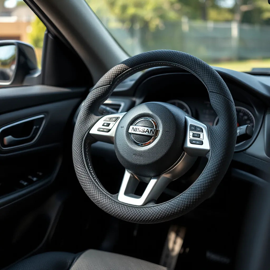 Nissan steering wheel with an anti-slip cover showing a textured grip and secure fit around the rim