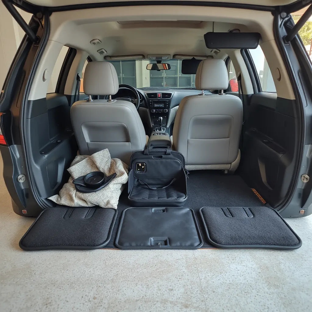 Car interior and trunk with neatly arranged practical accessories like mats, organizers, and mounts