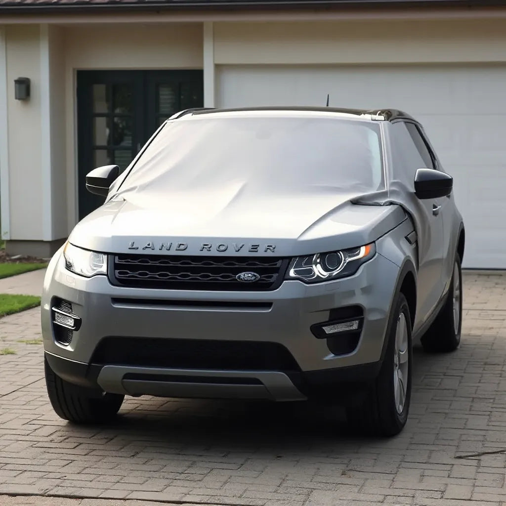 Tailored car cover fitting a Land Rover SUV on a driveway, showing secure straps and full-body protection