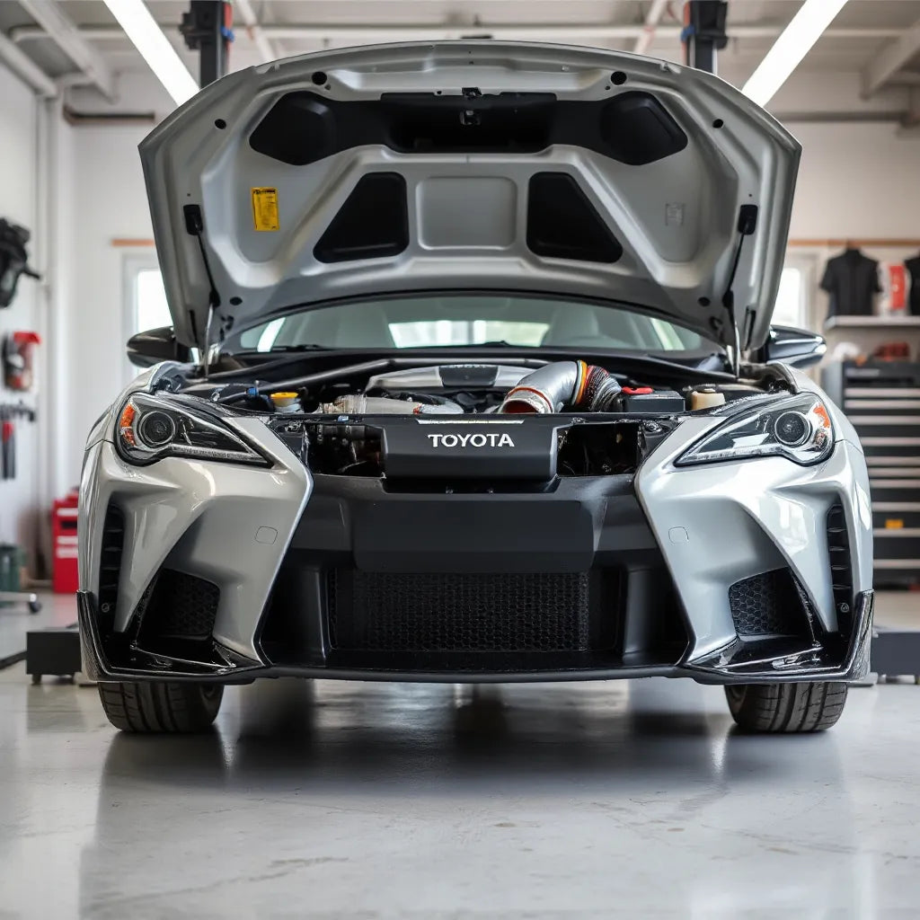 Technician installing performance intake components in a Toyota engine bay in a bright workshop