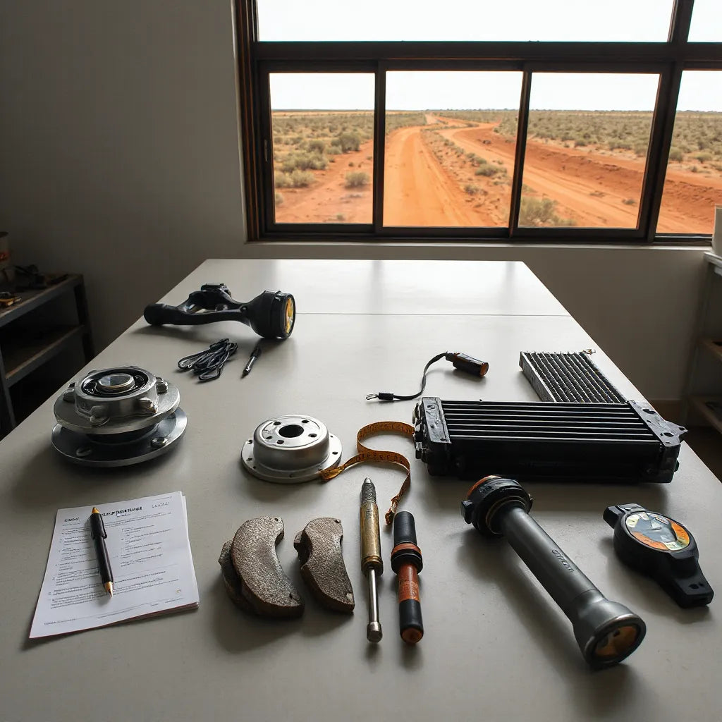 Workshop bench with neatly arranged car parts and a measuring tape, with outback scenery through a window