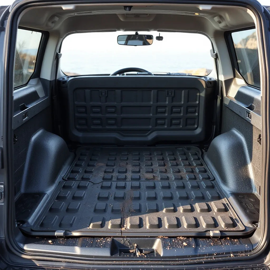 Heavy-duty floor liners with raised edges and textured surface installed in a vehicle interior