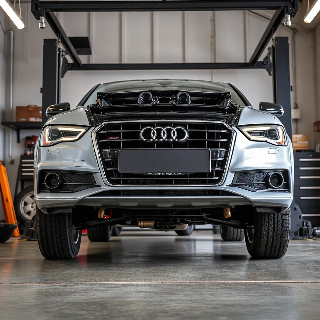 Audi sedan on a lift with visible performance brakes, wheels, and suspension components