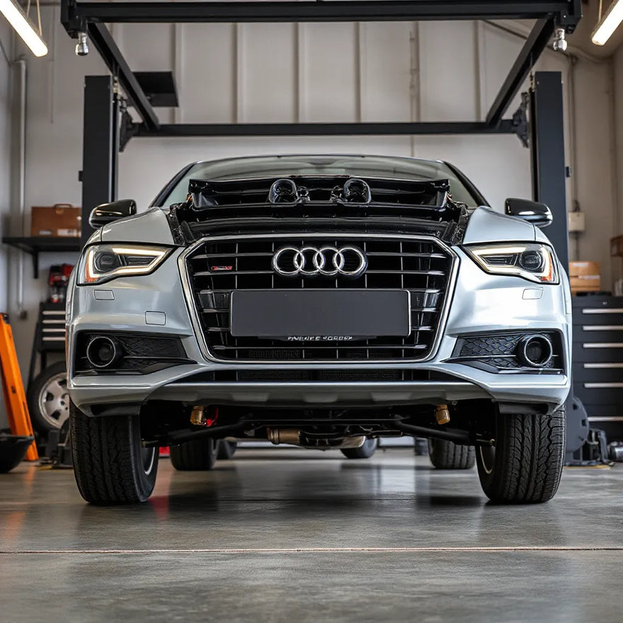 Audi sedan on a lift with visible performance brakes, wheels, and suspension components