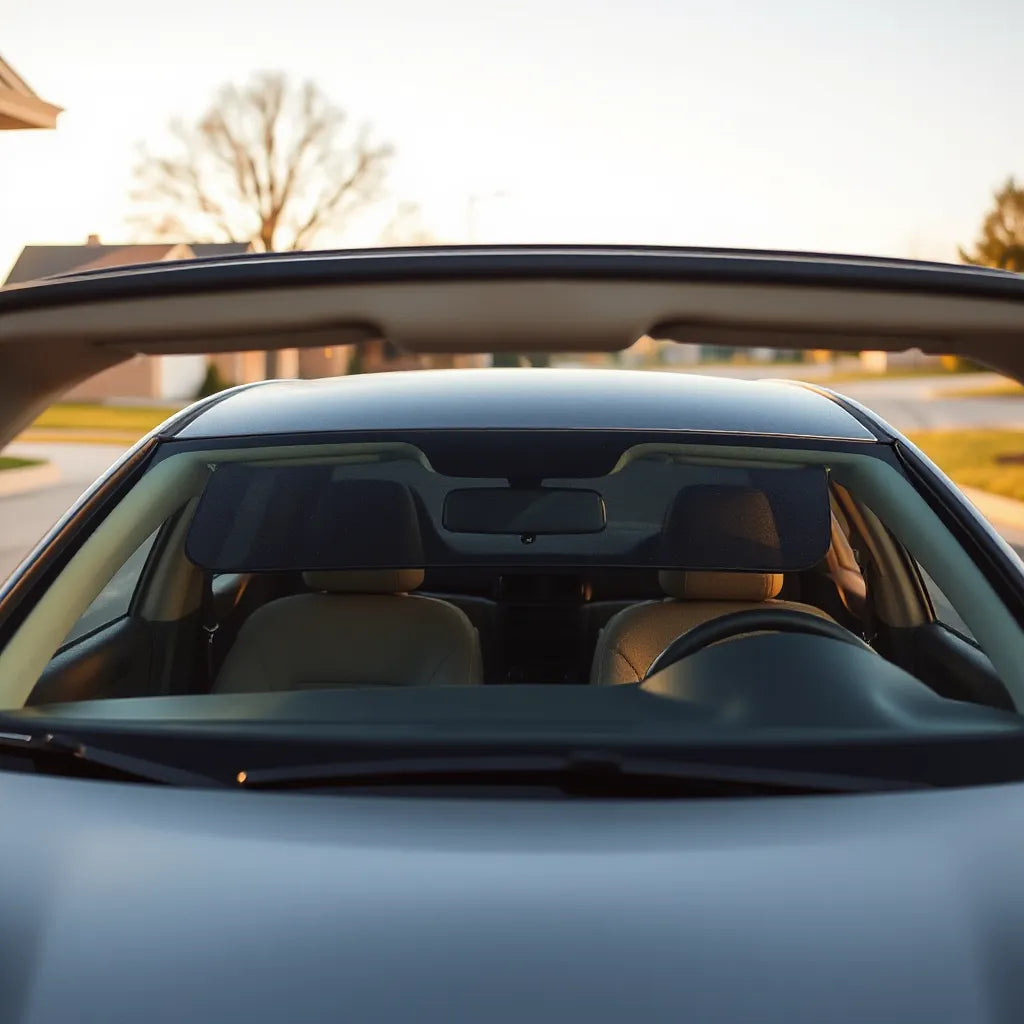 Car windshield and side windows with sun shades installed for glare and heat reduction