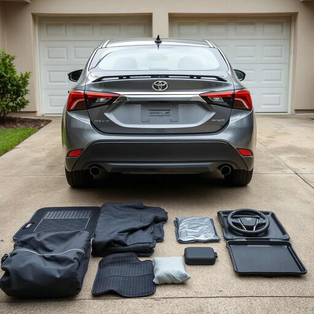 Toyota car with visible interior and cargo accessory upgrades like floor mats and seat covers